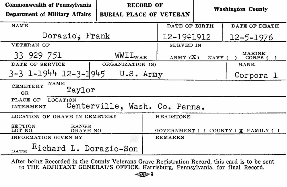veteran burial card